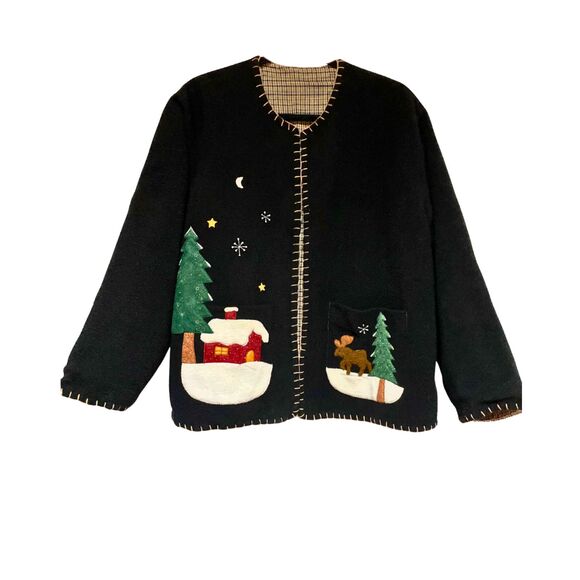 Vintage Country Christmas Fleece Open Front Cardigan Jacket Felt Patchwork - Picture 3 of 13